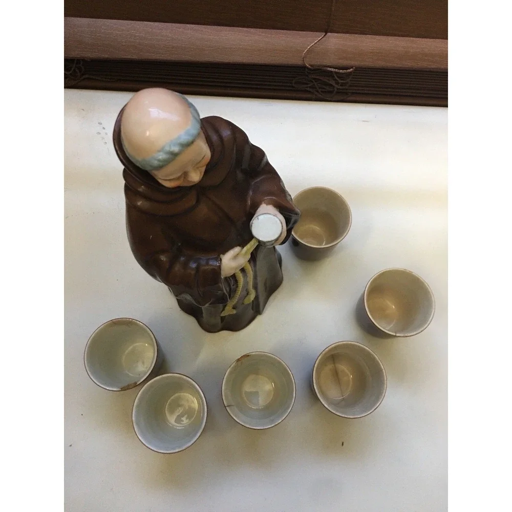 Antique 1940s Monk Wine Decanter Set Ceramic With 6 Cups Japan MCM Barware Brown